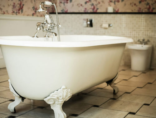 Grand bathtub with silver tap and shower head